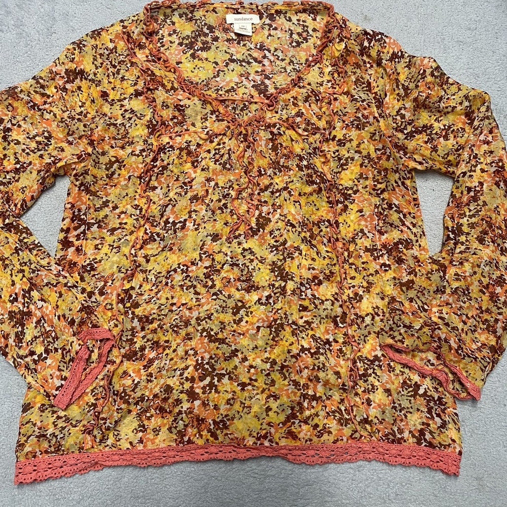 Sundance Silk Blouse Medium Floral Print Sheer Lightweight Ruffle Lace Trim Boho